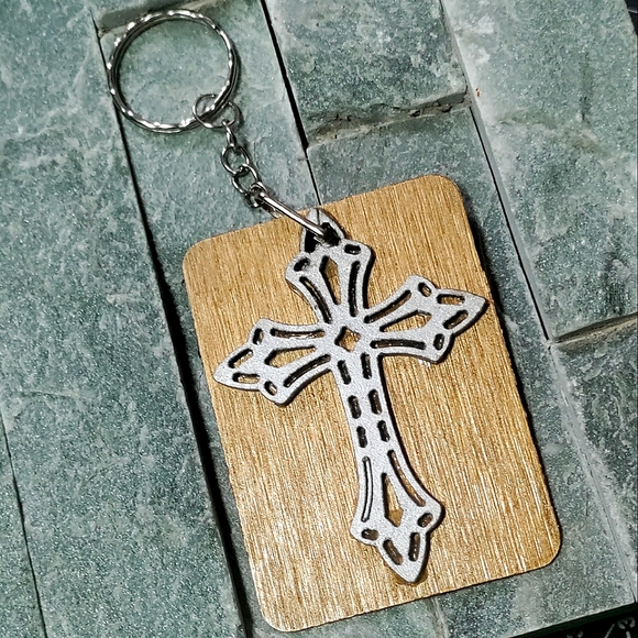 NEW Handmade Keychain/Bag Tag! Brushed Brass w/ Victorian Steampunk Wood Cross. - Picture 4 of 8